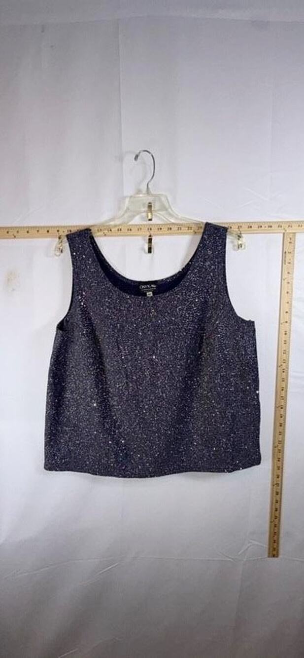 Vtg Onyx Nite Womens 2X Tank Top Navy Blue Metallic Glitter Shimmer Shell Plus